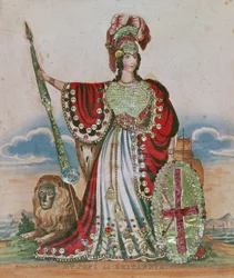 Fru Pave som Britannia (gravering og collage)